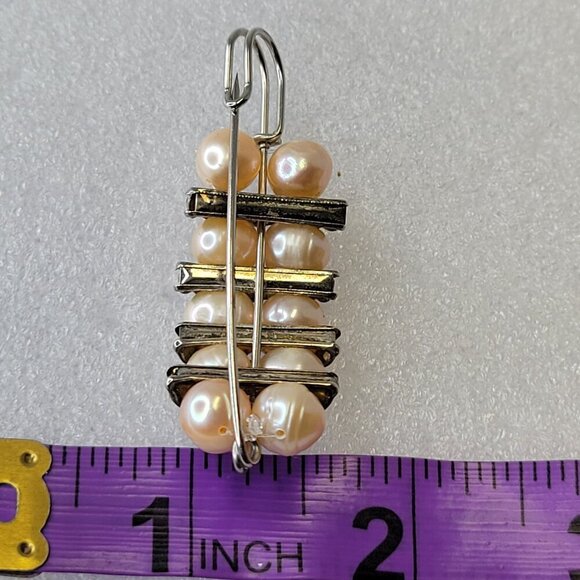 Pink Faux Pearl and Rhinestones Brooch Safety Pin - Picture 7 of 10